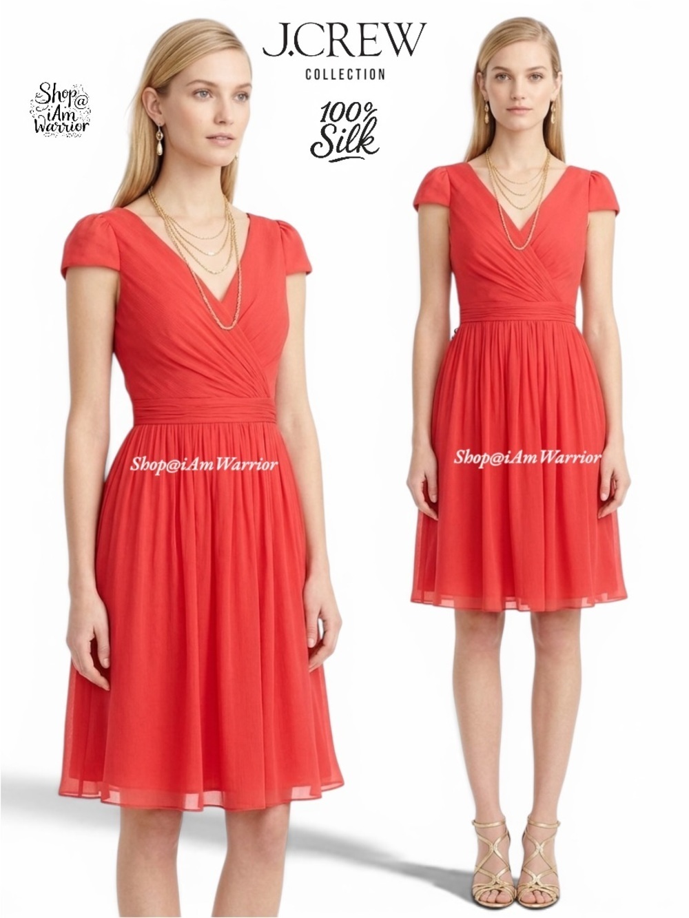 J.Crew Silk Coral Cap Sleeve V-Neck Pleated Waist Fit & Flare Dress *iamwarrior